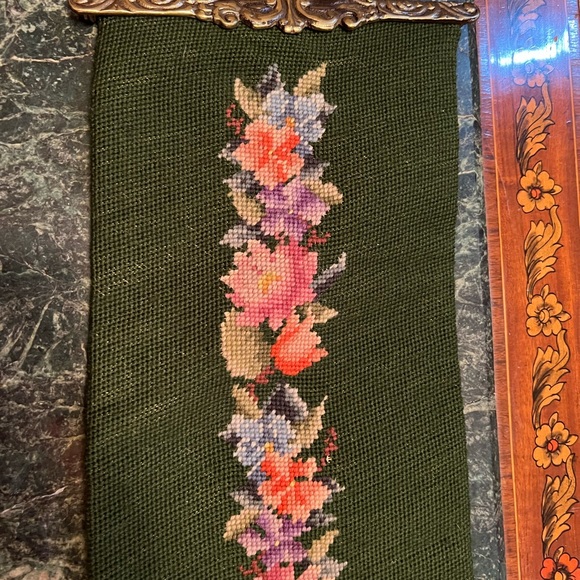 Vintage Needlepoint Green Floral & Velvet Wall Decor~Runner - Picture 9 of 10